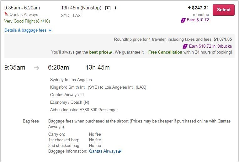 screenshot from Orbitz, return flight from Sydney to LAX